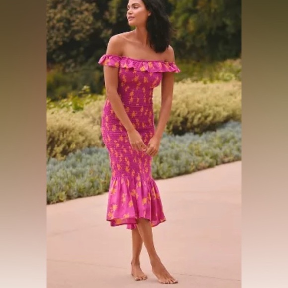 Anthropologie Celandine Off The Shoulder Smocked Pink Orange Midi Dress Size XL - Picture 1 of 10